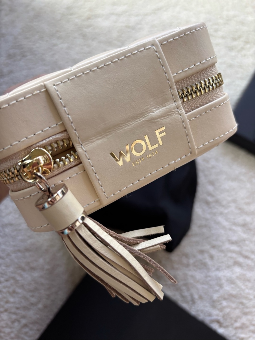 WOLF Ivory Caroline Leather Jewelry Case with Tassel and Gold Accents